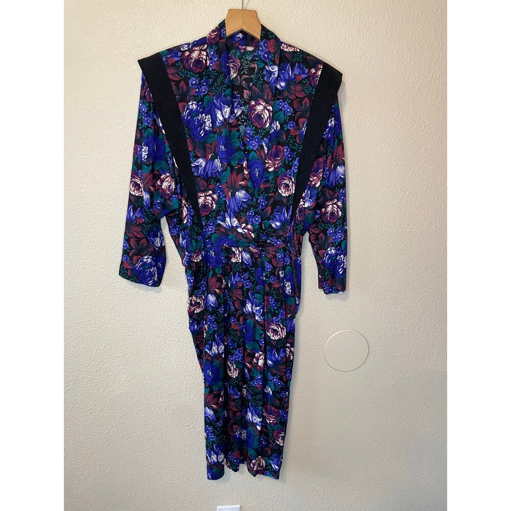 VTG 80's 90's Blue & Purple Floral Grandma Core V Neck Retro Long Sleeve Dress 4 - Picture 10 of 14